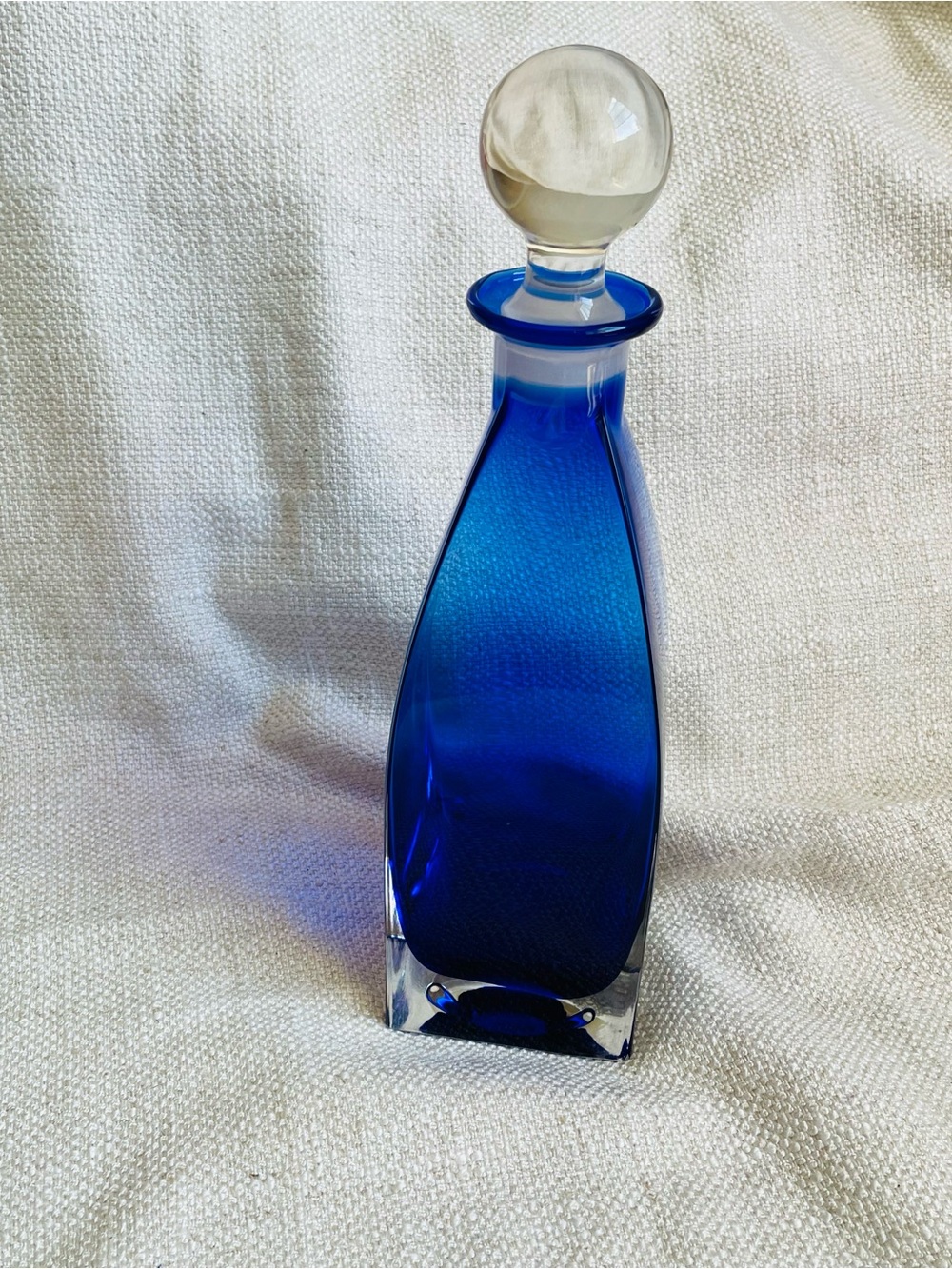Vintage Blue Glass Decanter with Clear Round Stopper Home Art Glass 13" Tall